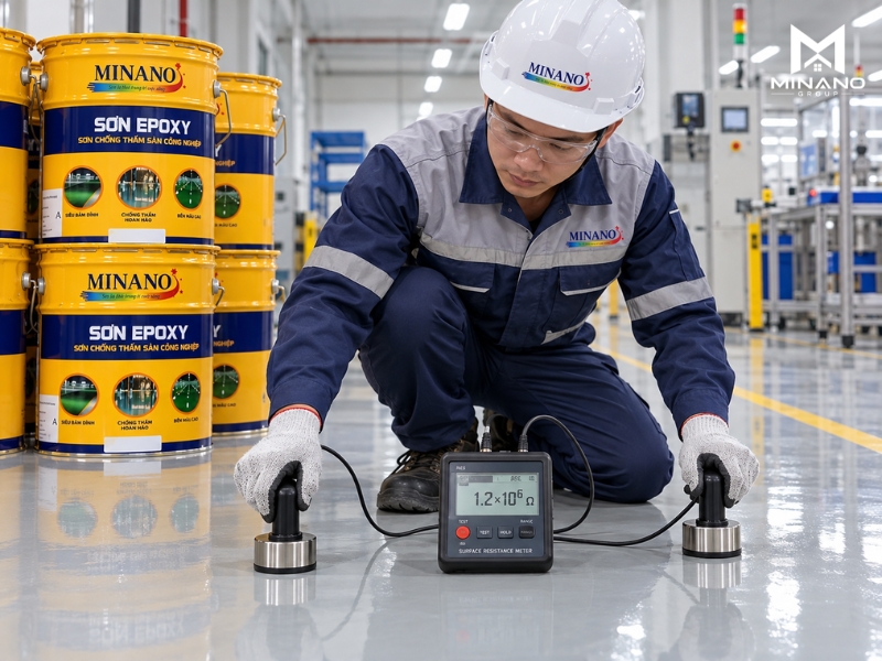Kỹ thuật viên đo điện trở sàn sau Sơn Epoxy Chống Tĩnh Điện