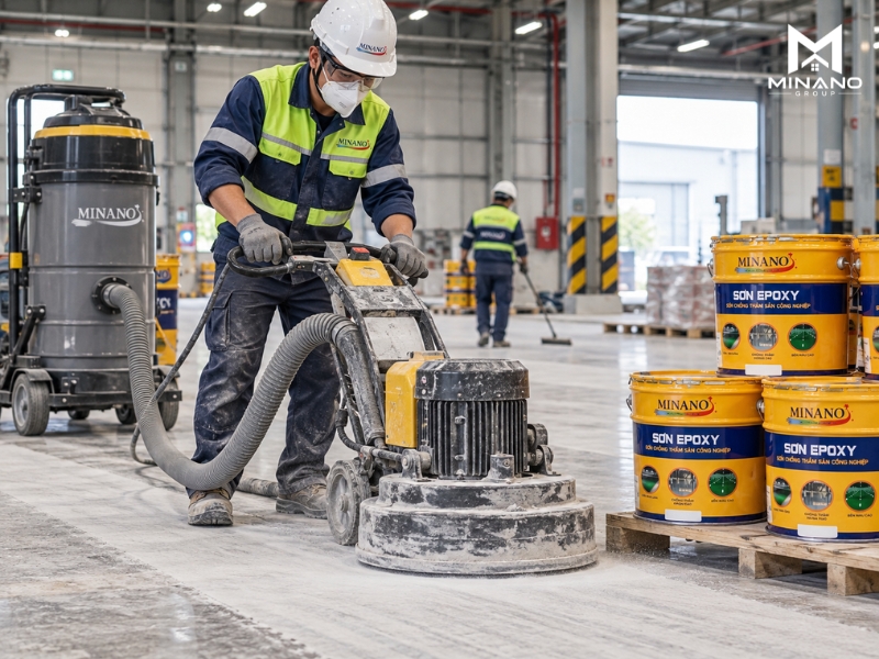Xử lý nền bê tông trước khi thi công sơn lót Epoxy